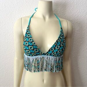 Heat Collection Fringe Halter Bikini Top Size M